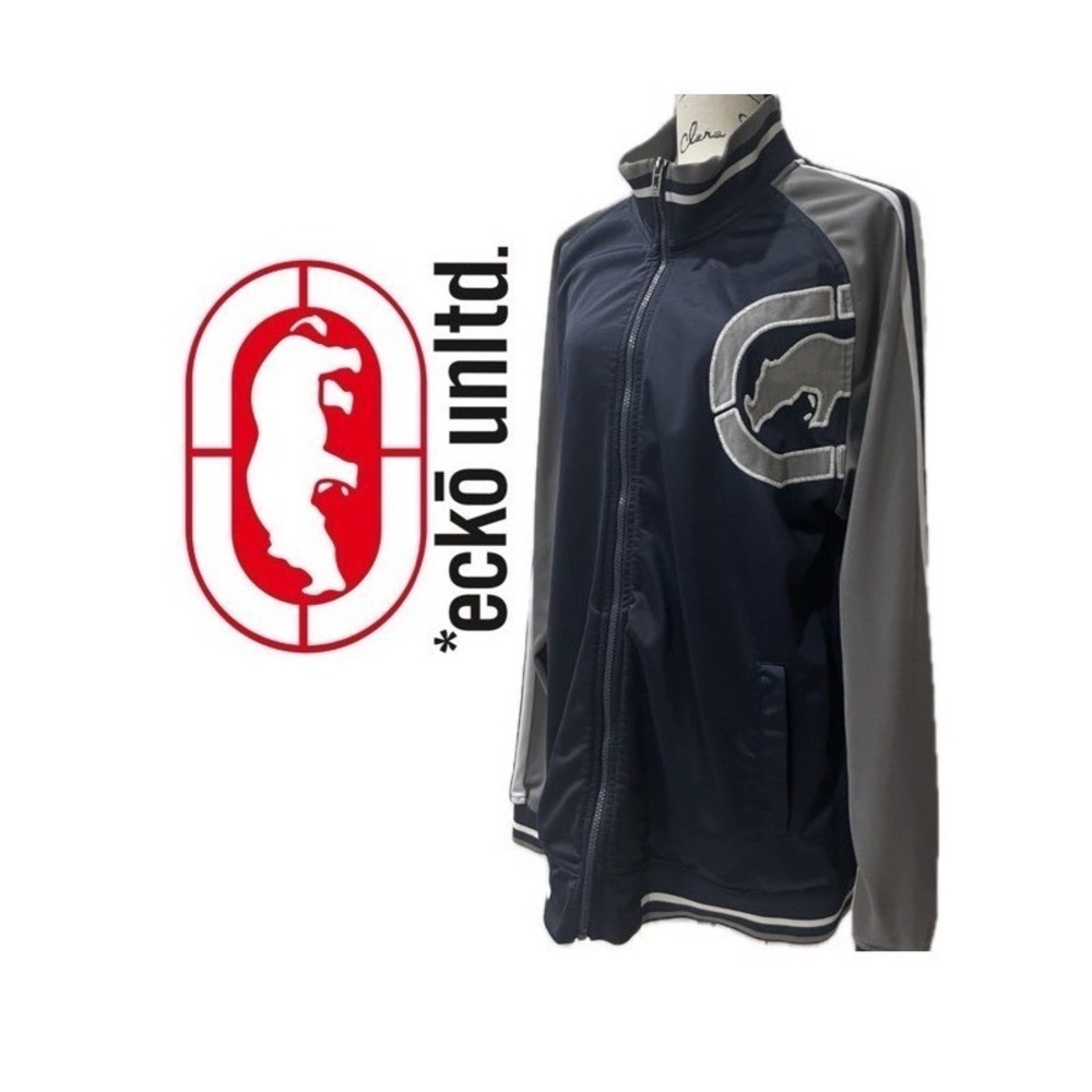 Ecko Unltd‎ Mens Track Jacket XL Navy Blue Grey Rhino Logo Full Zip Streetwear